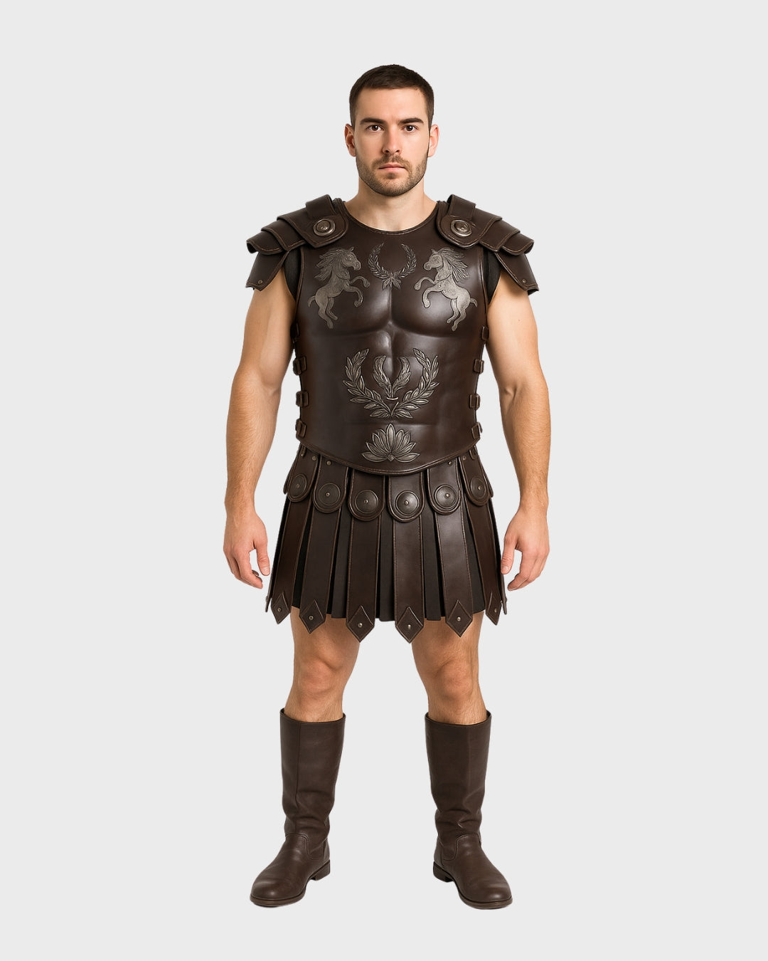 front view of medieval leather battle costume for men