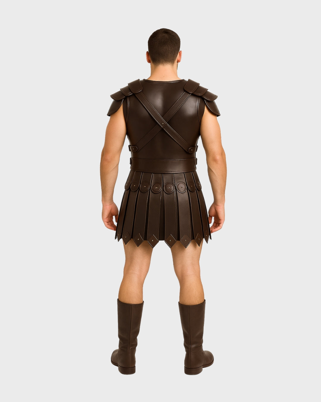 back view of warrior leather armor set with kilt