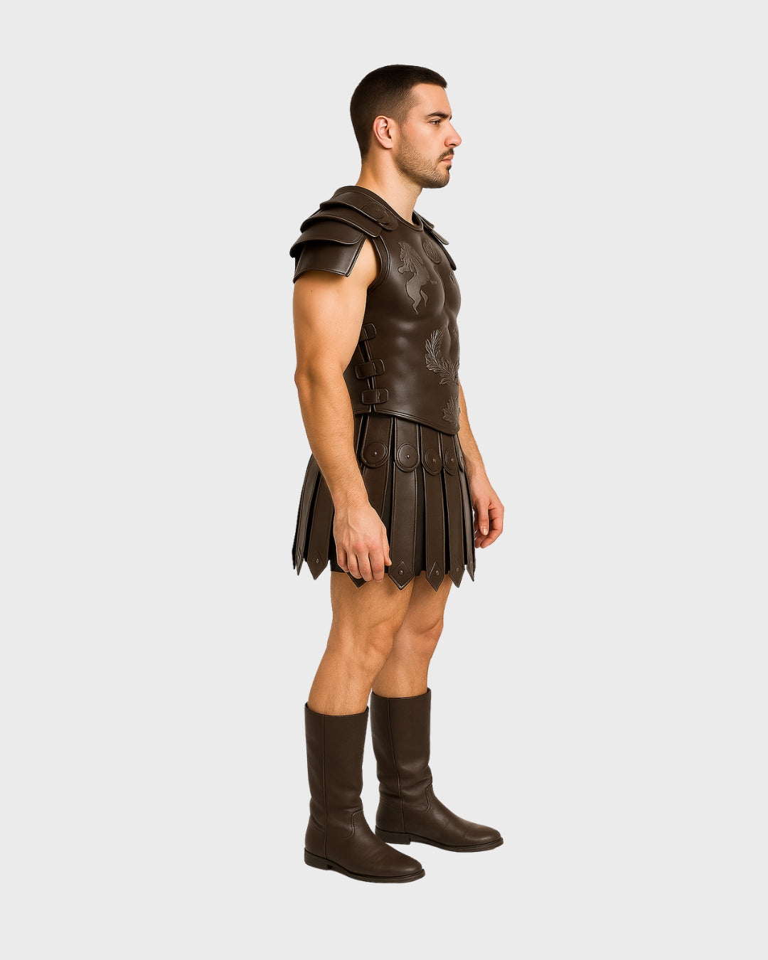 side profile of medieval leather gladiator armor costume