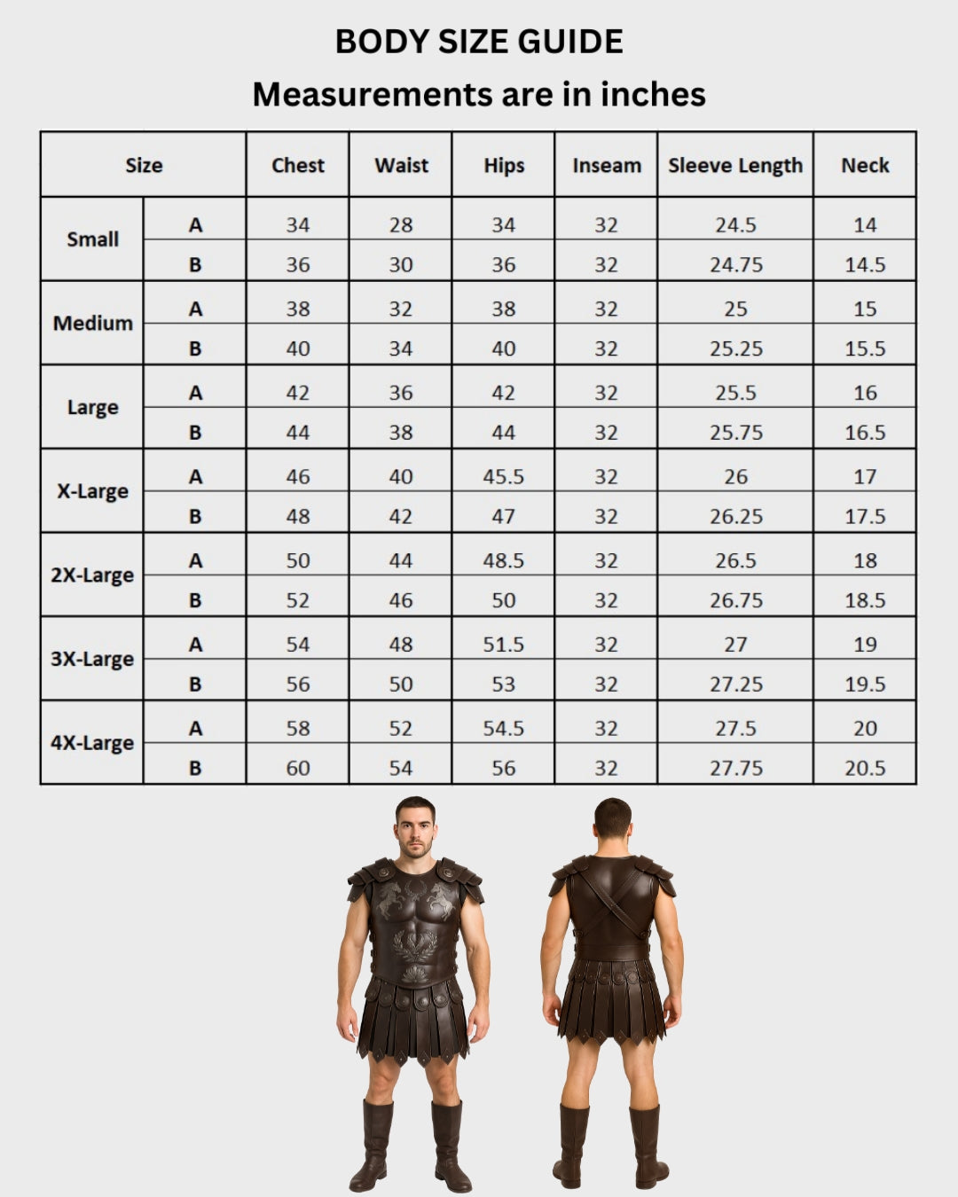 size guide chart for medieval leather armor costume