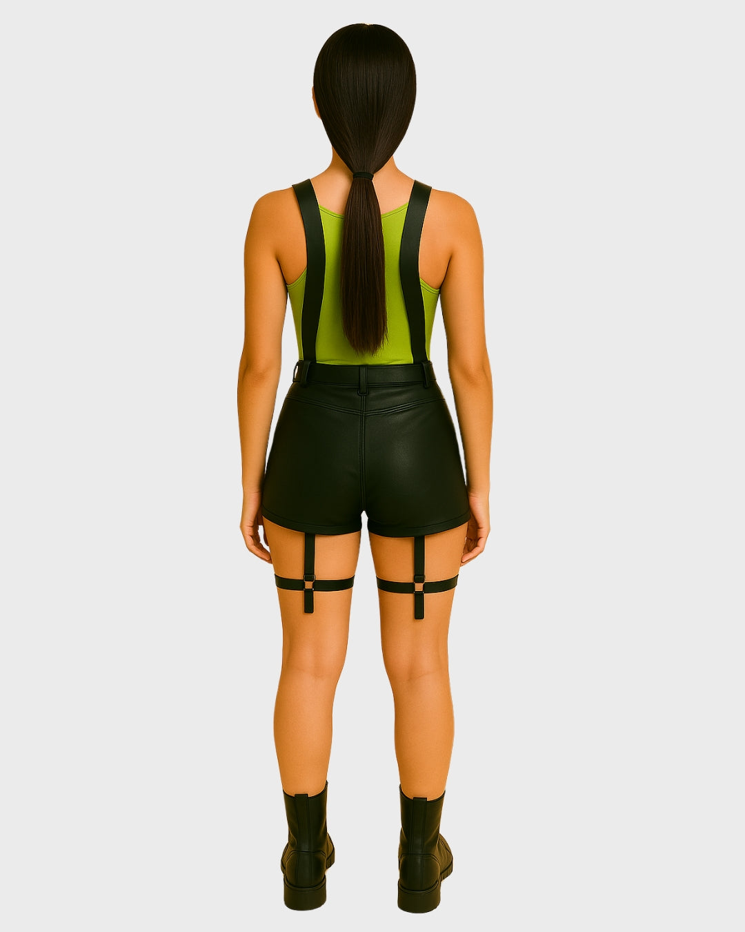 women’s back view in black leather harness set