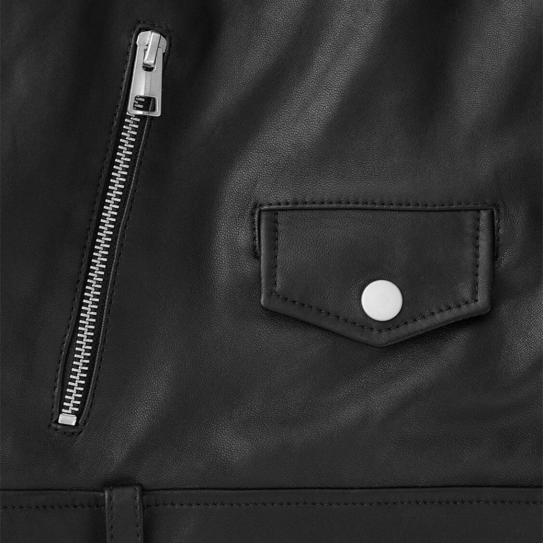 Zipper fastening pocket w/ snap button welt pocket on black leather biker jacket