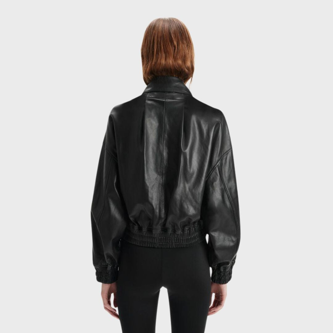 Red hair white girl in lambskin black bomber jacket