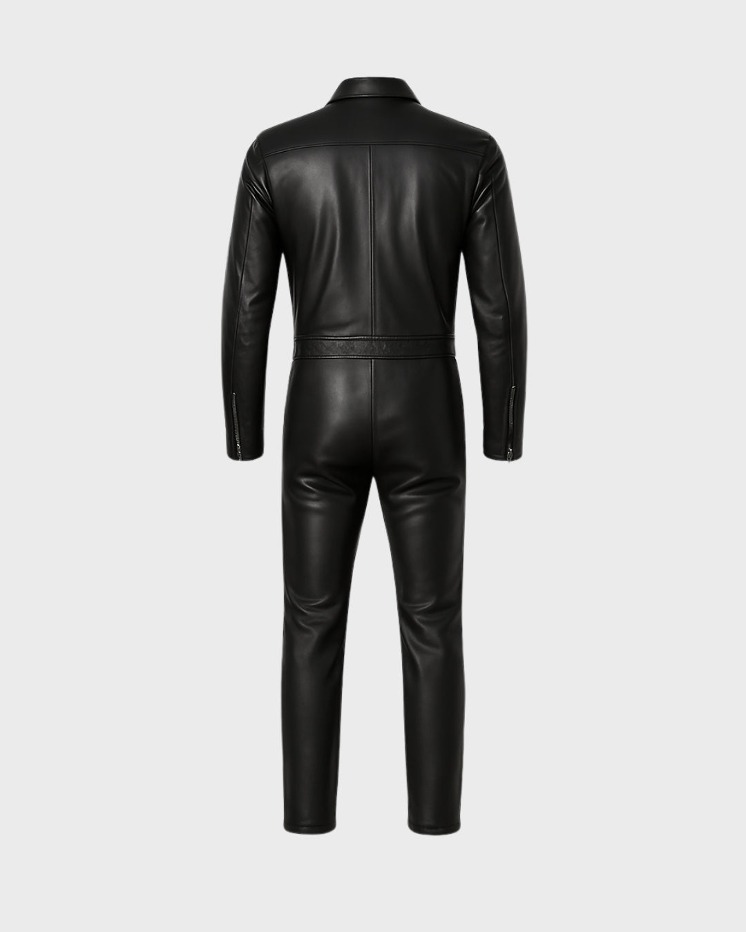 full-body black leather suit with shirt collar