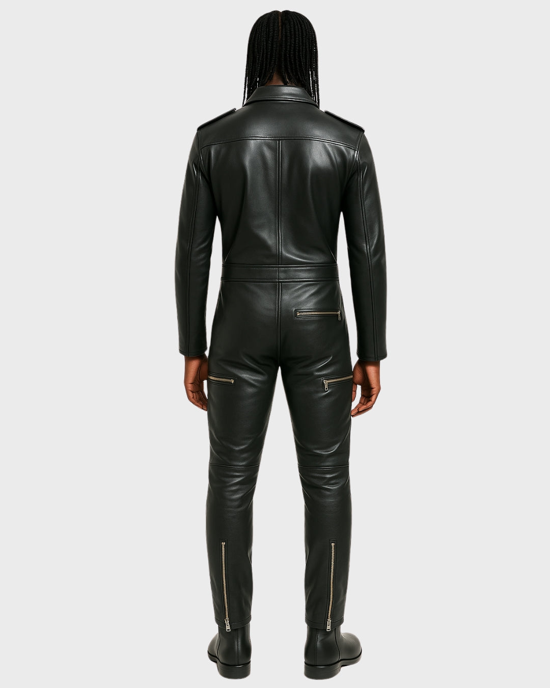 back view of slim-fit leather jumpsuit for men