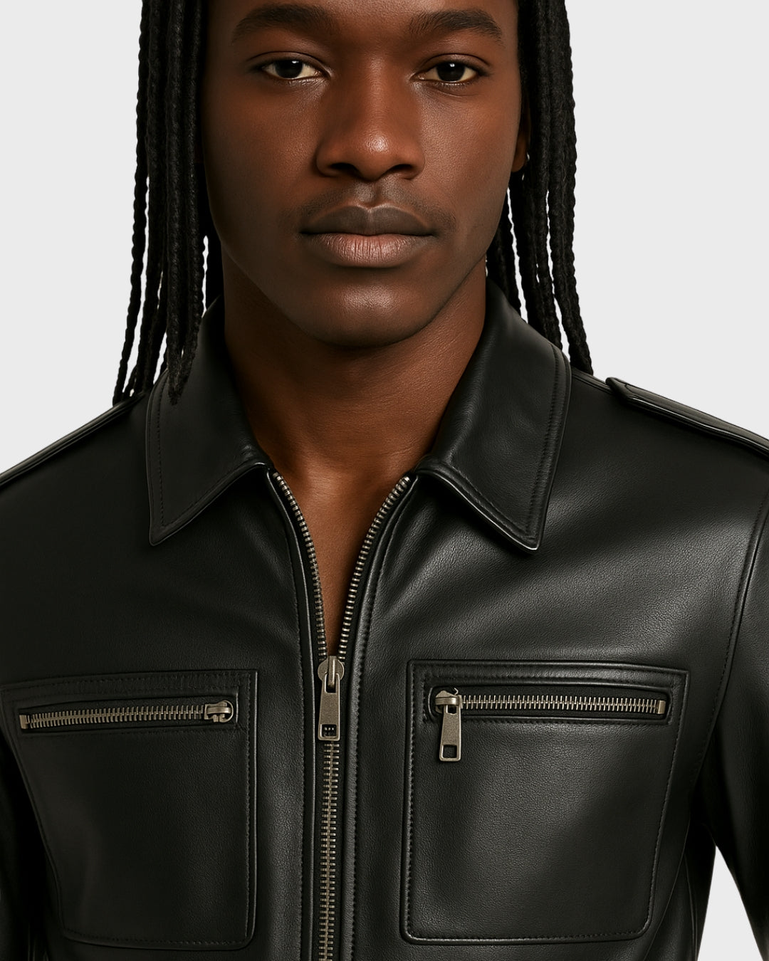 close-up of leather chest zipper pockets on jumpsuit