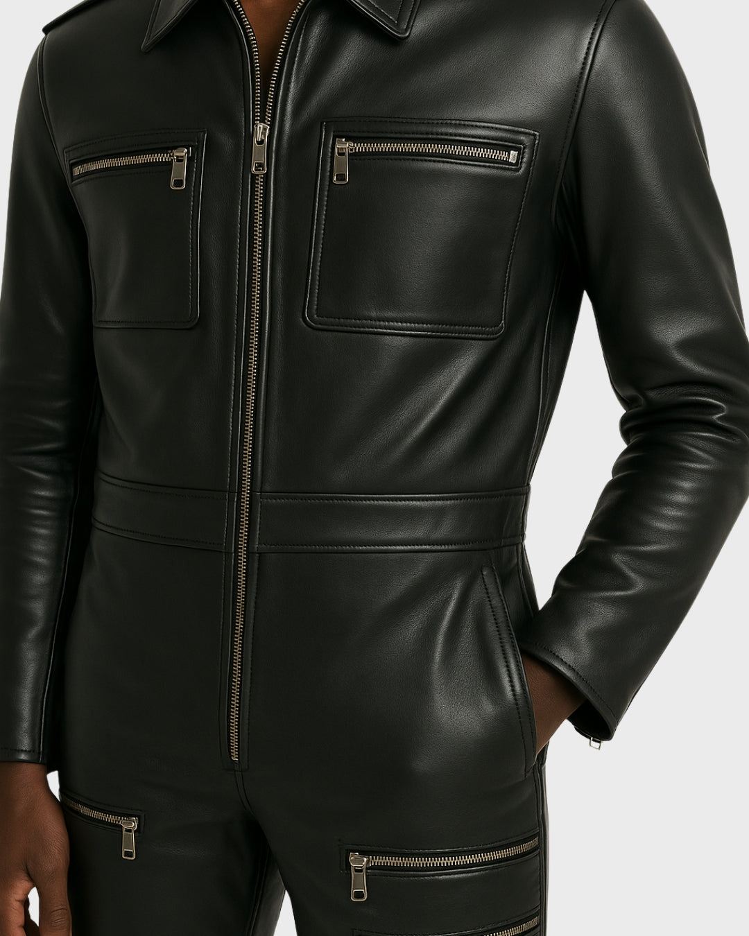 men’s leather one-piece suit with epaulettes and ankle zips