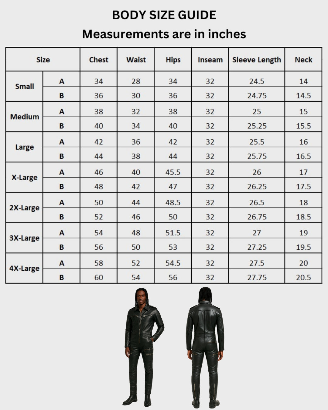 size chart of a mens leather jumpsuit in black color