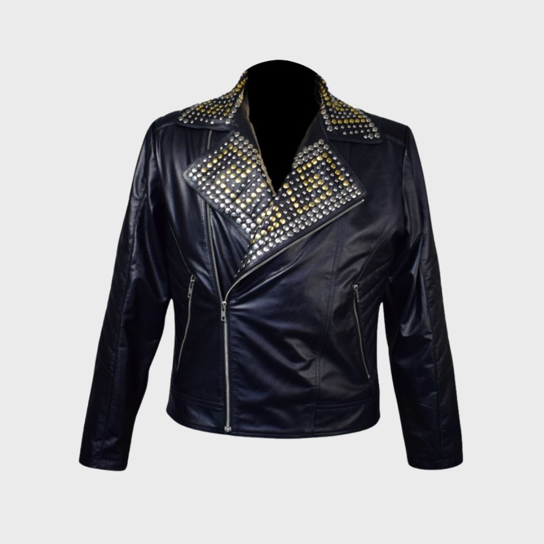 Front view of a men’s black lambskin biker jacket with padded sleeves and notch collar.