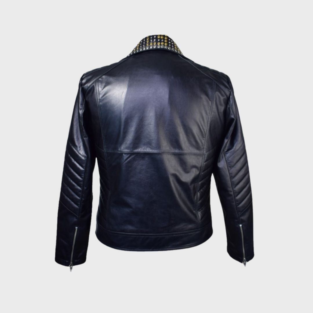 Back view of a men’s black leather studded biker jacket with notch collar and padded waist.