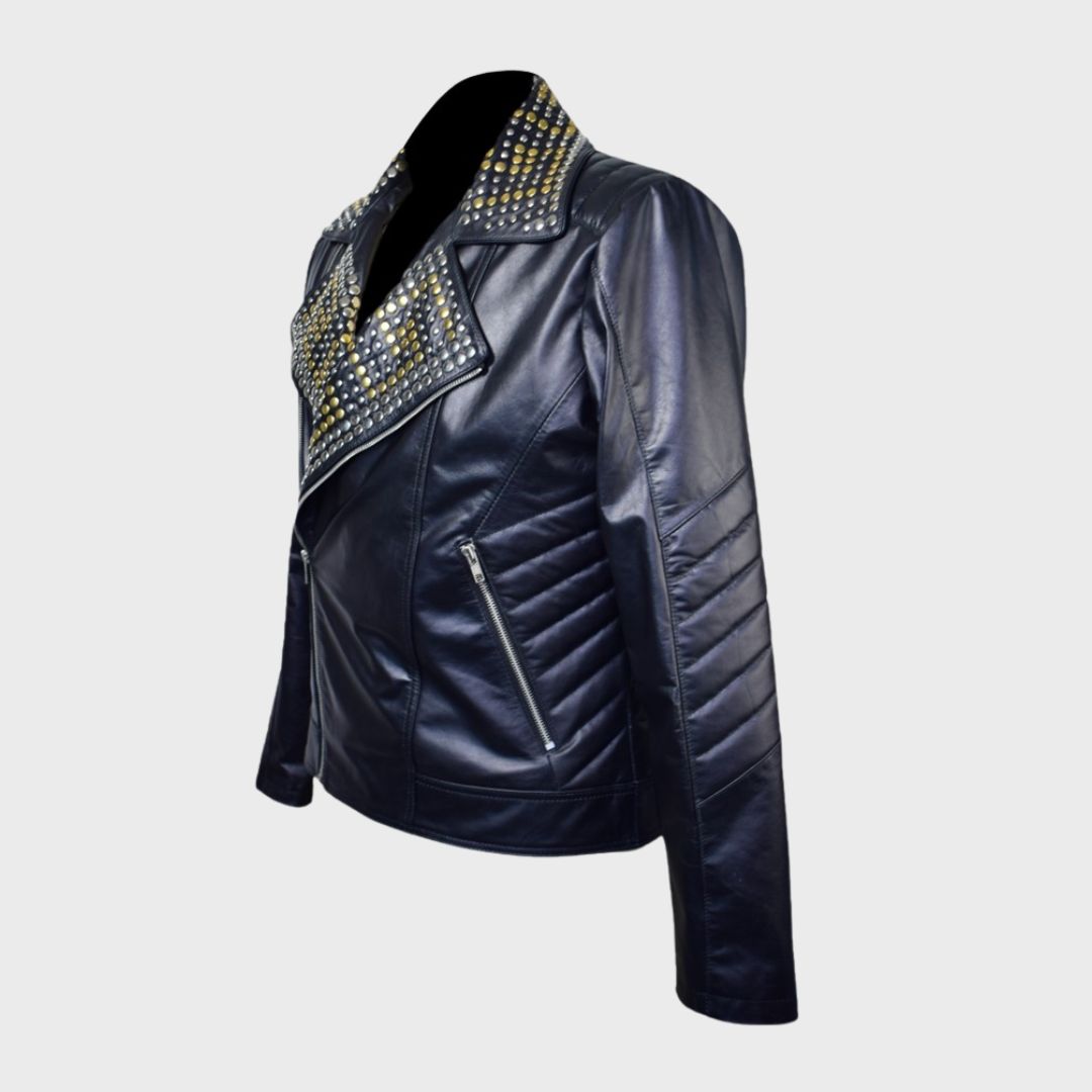 Side view of a black leather biker jacket with zipper body pockets and studded design.