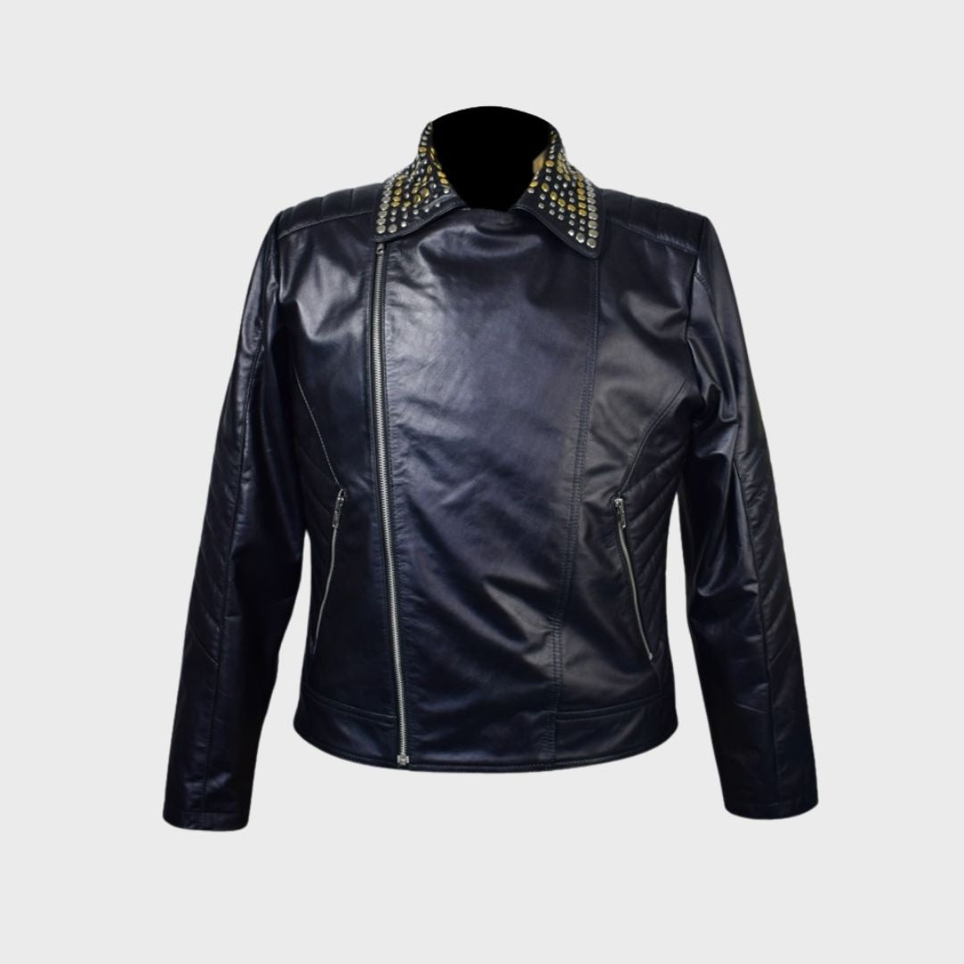 Detailed shot of the studded accents and soft leather on a men’s black biker jacket.