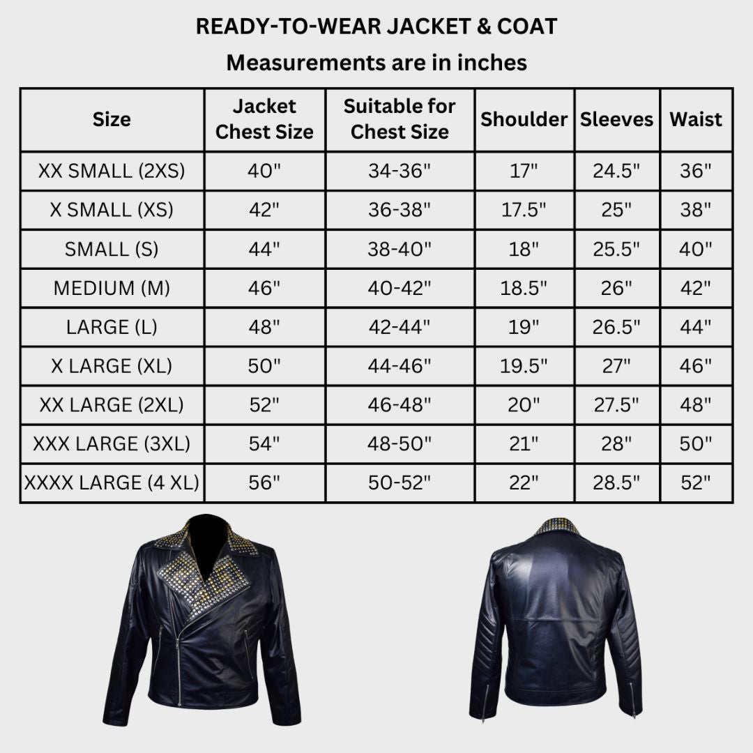 Size chart of a studded accents and soft leather on a men’s black biker jacket.