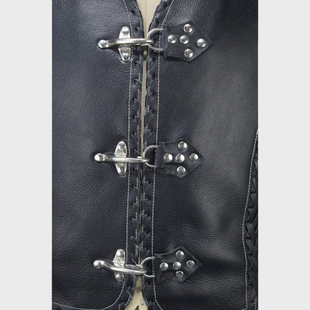 Metal buckle closure on thick cowhide black leather Biker Vest with adjustable buckles, hand braided edges, v-neck