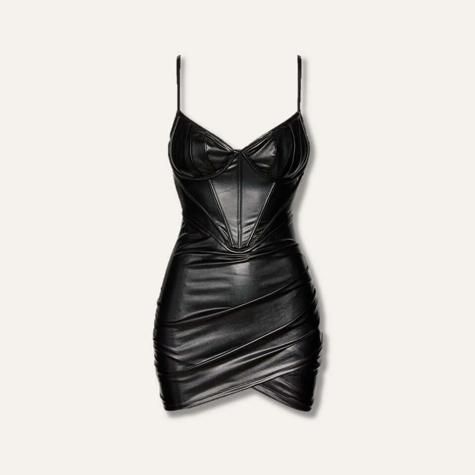 Black lambskin leather sleeveless corset mini dress