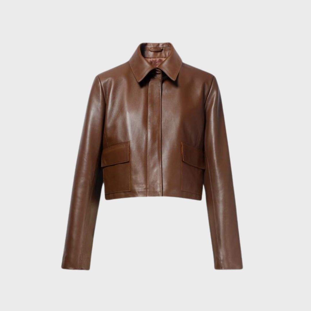 Soft lambskin leather jacket with shirt collar featuring 2 pockets and zipper fastening closure