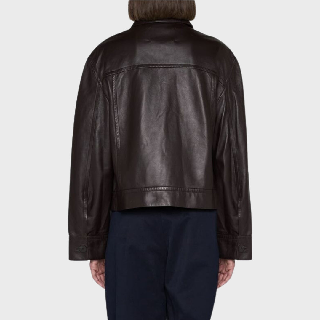 Back of Dark brown leather buttoned shirt jacket for women