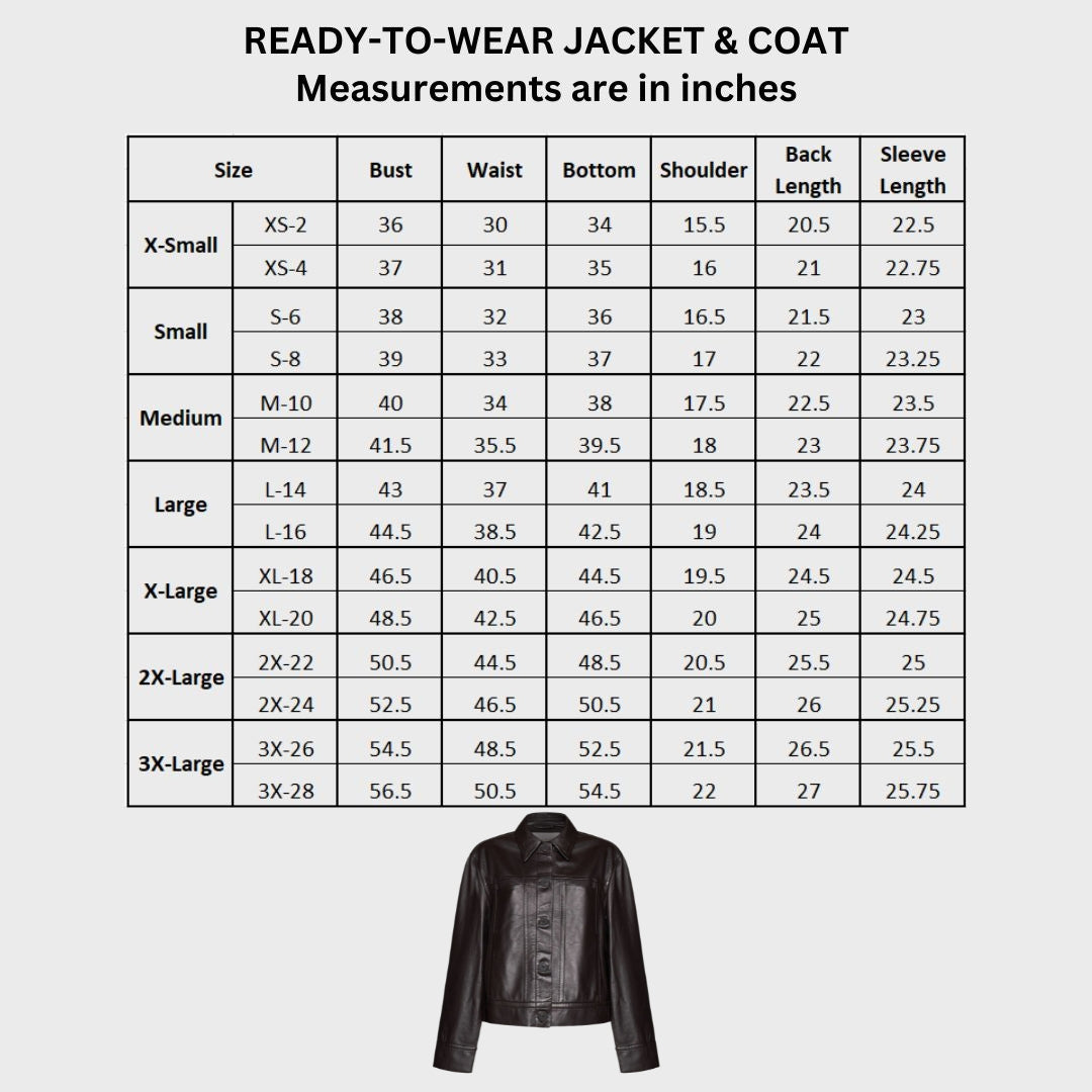 Size chart for Dark brown leather buttoned shirt jacket for women