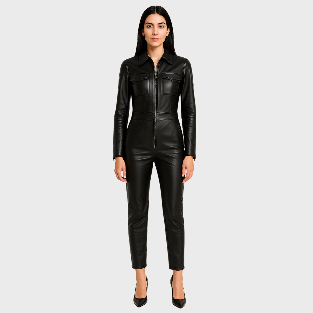 Dark hair Italian woman wearing a black leather jumpsuit for women with zipper fastening closure at front, 2 body welt pockets with flap