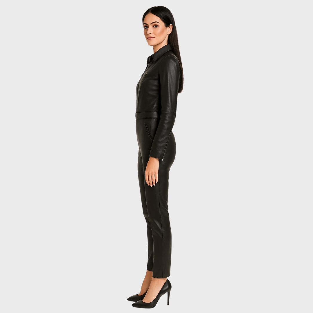 Dark haired women wearing Edgy black leather playsuit