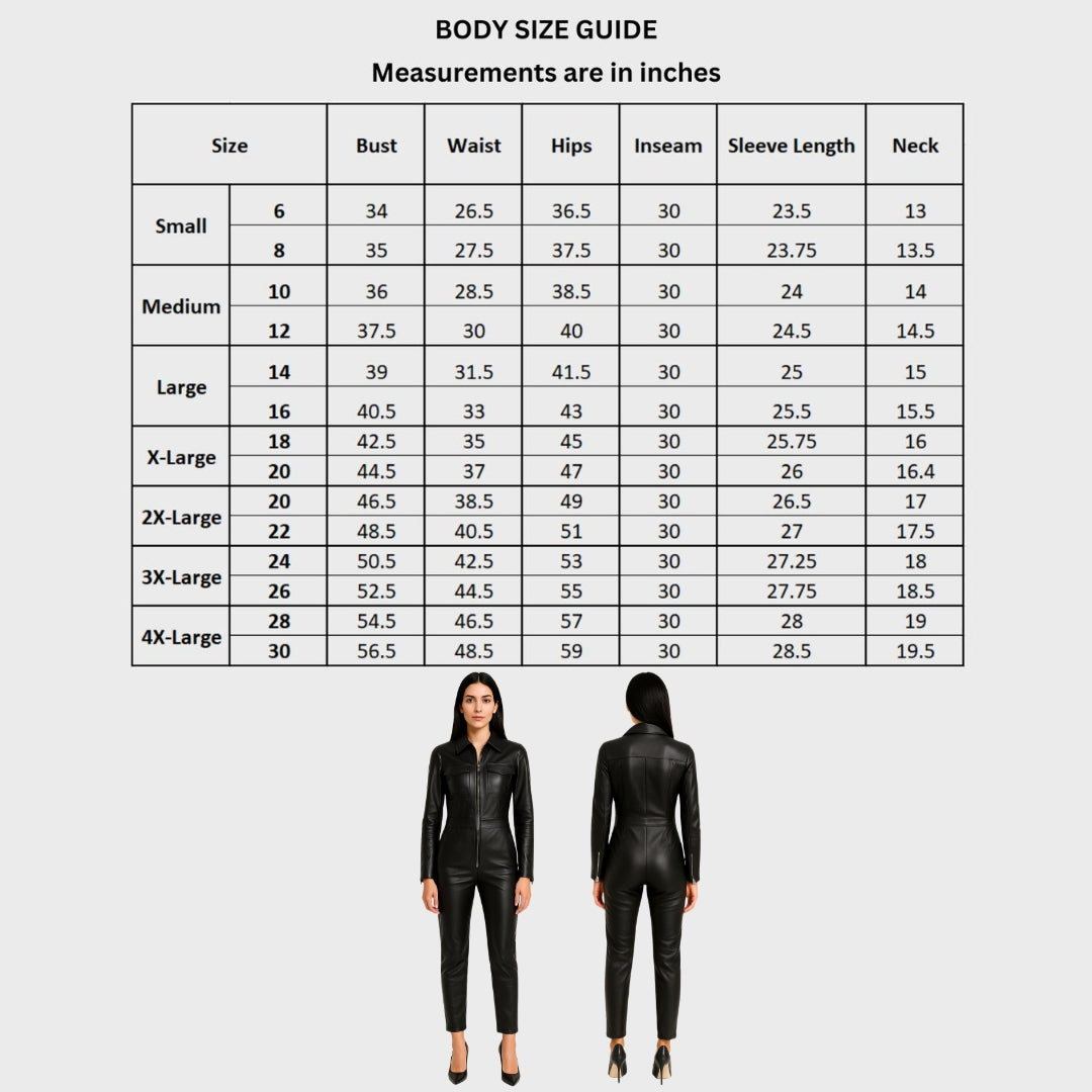 Size char for a Full-length leather outfit for women