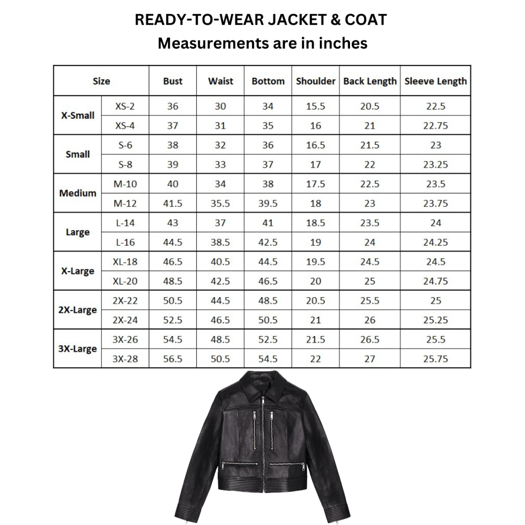 size chart for women's biker jacket with four pockets