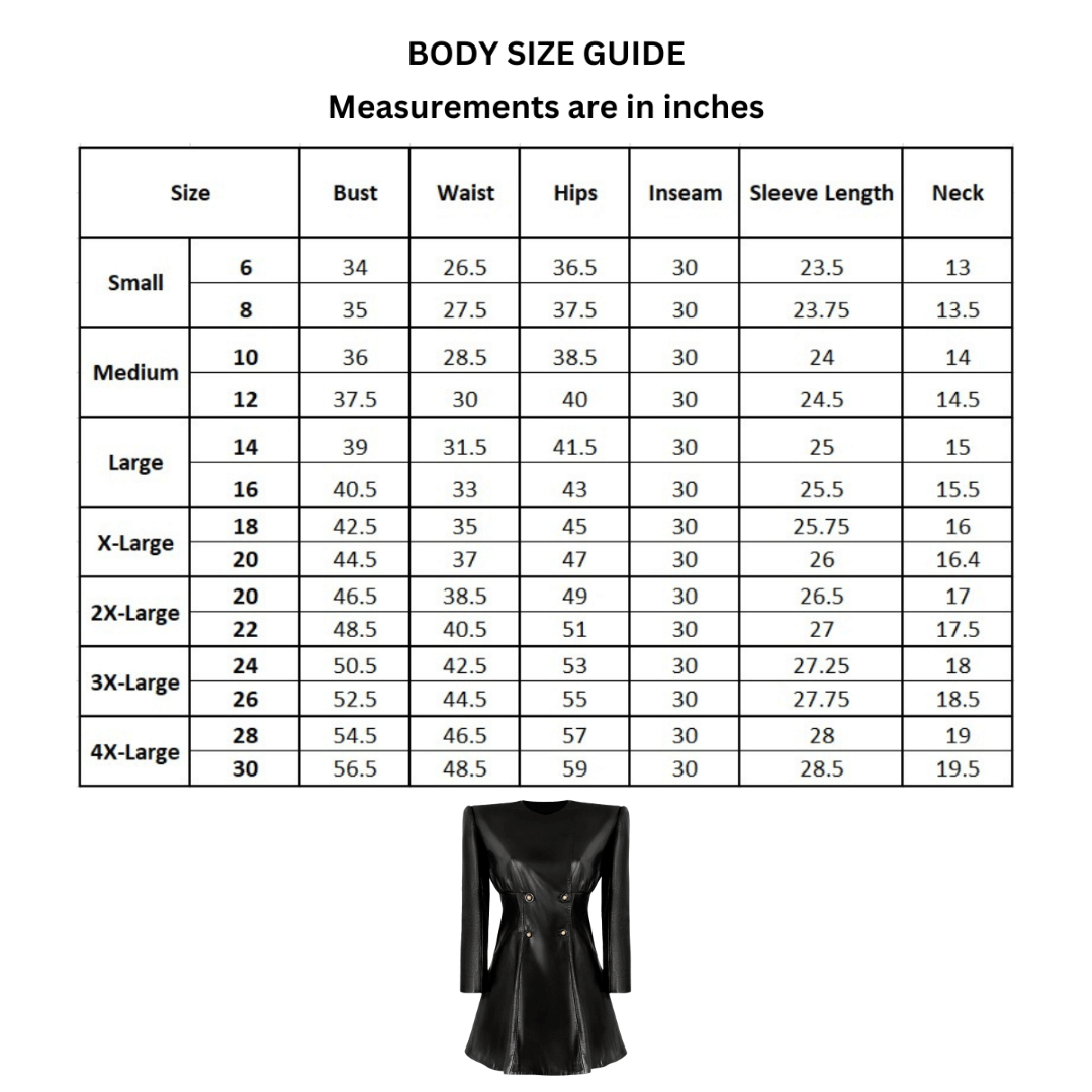 Size chart for black leather double breasted blazer dress