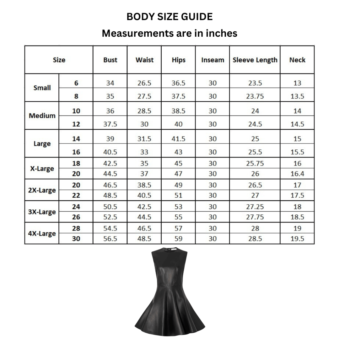 real lambskin leather mini dress size chart