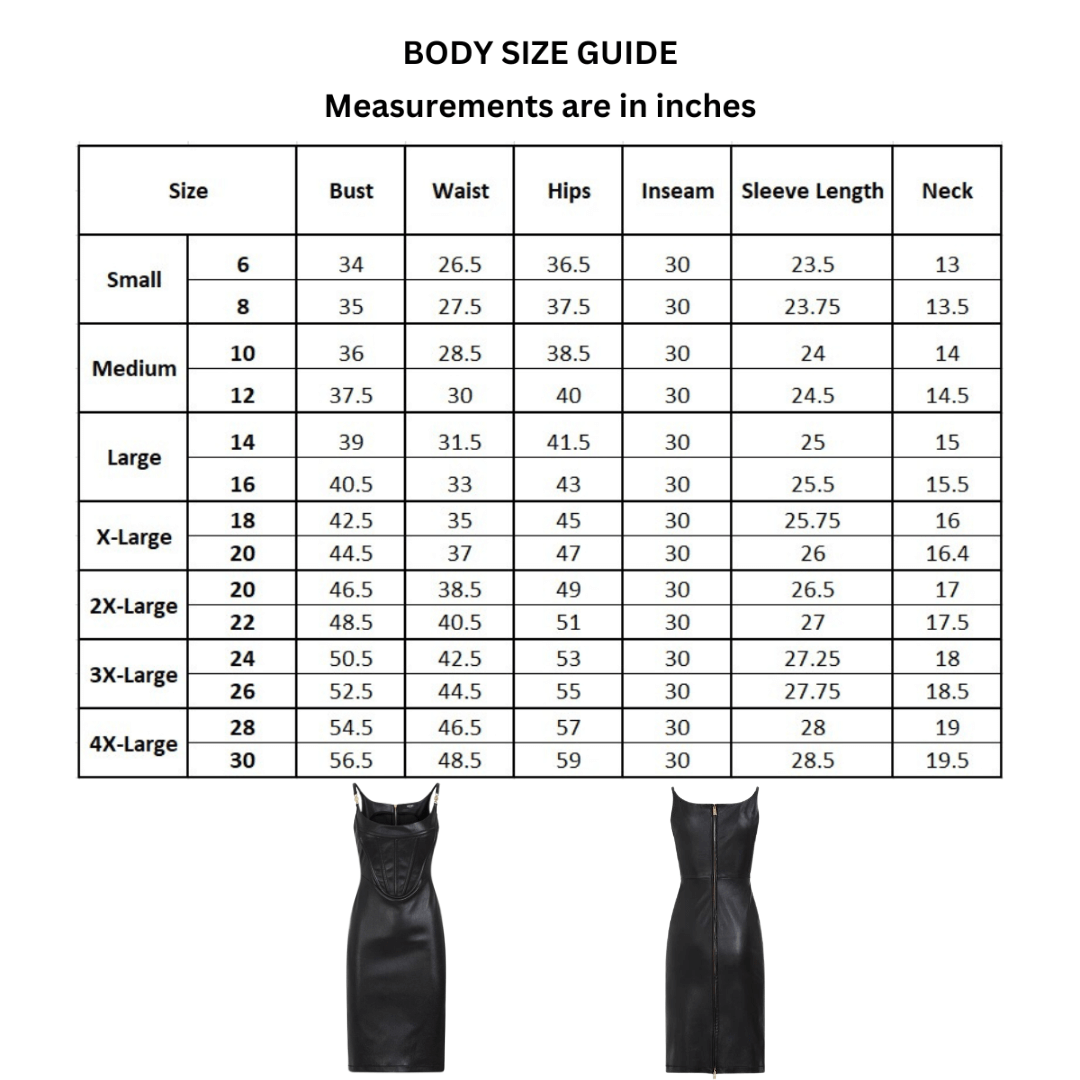 Size chart for wet look leather dress bodycon