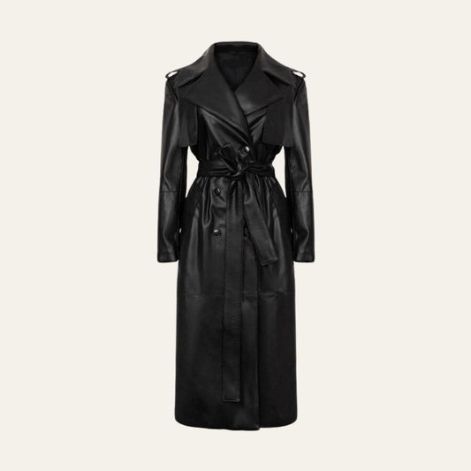 Beatrice Black Leather Trench Coat with Belt