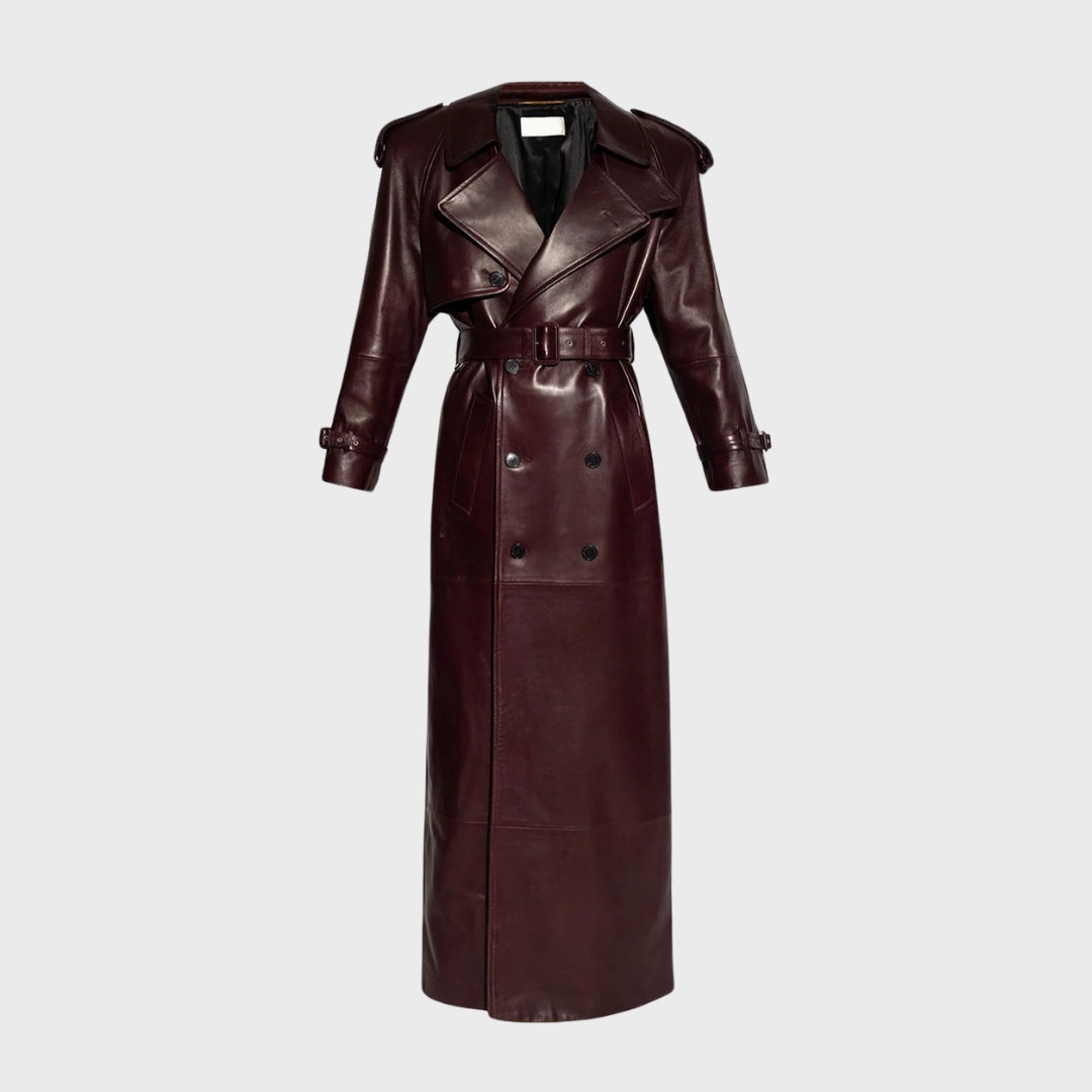 burgundy leather trench coat with belt and notch collar for women