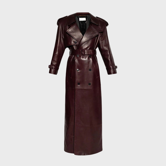 burgundy leather trench coat with belt and notch collar for women