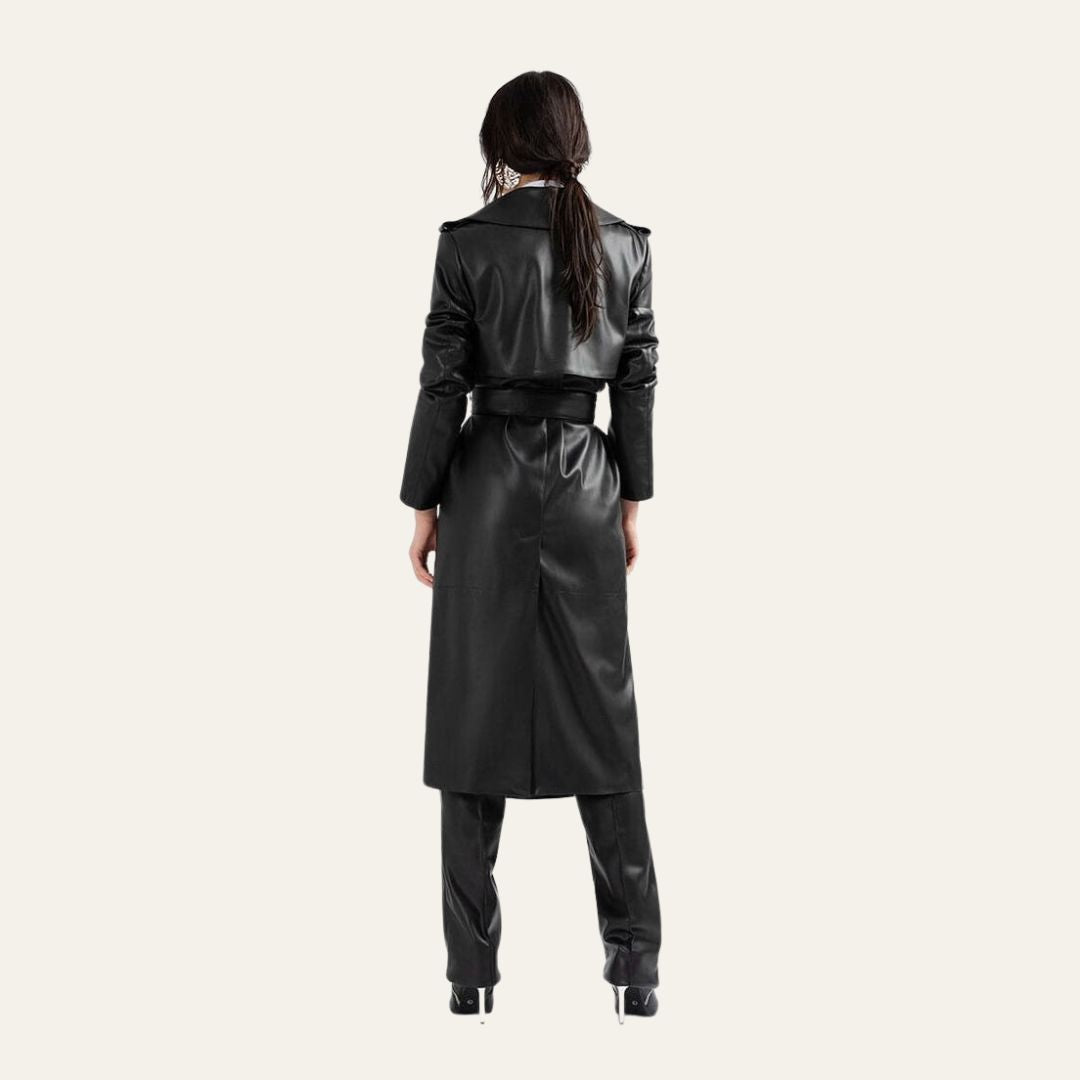 Beatrice Black Leather Trench Coat with Belt