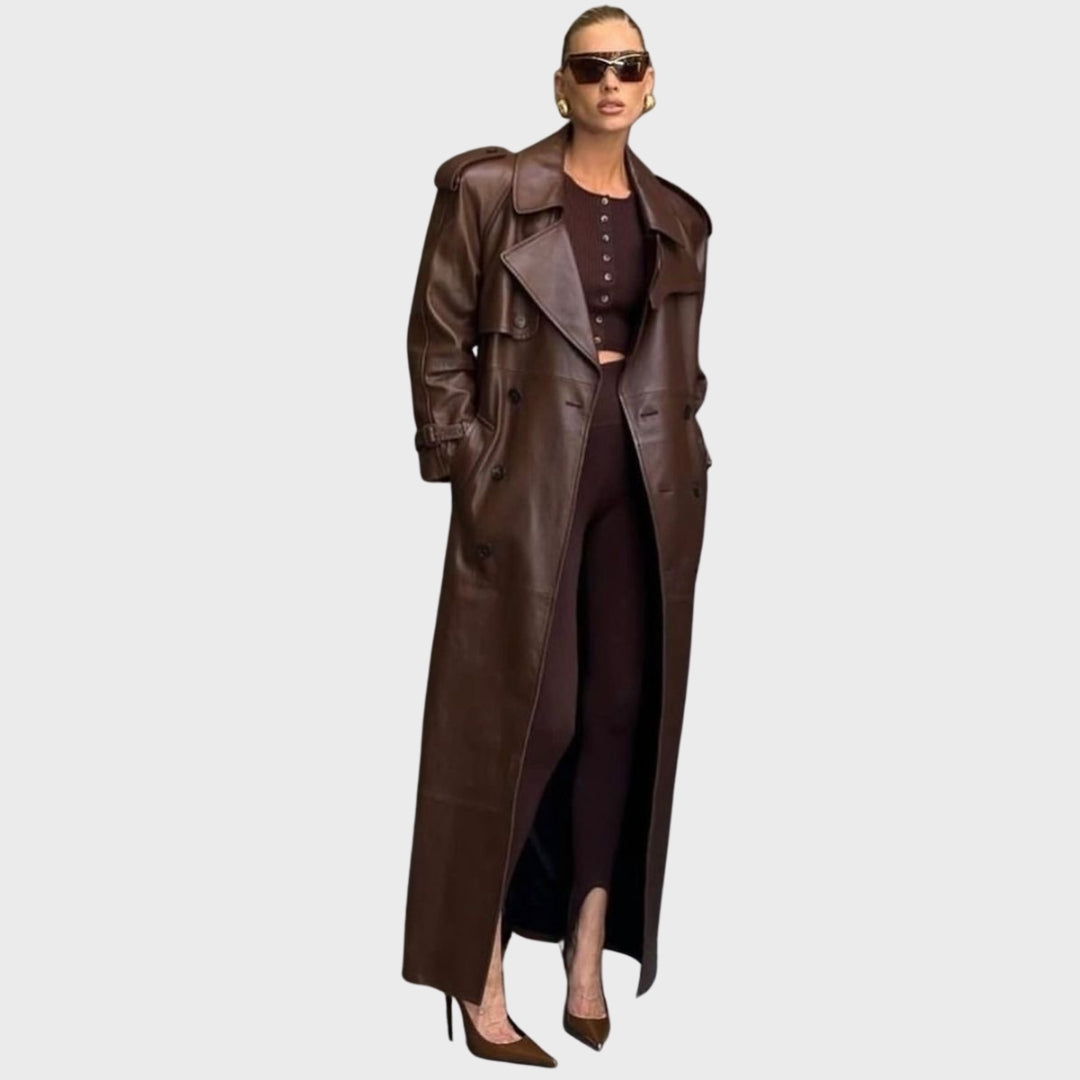 white women wearing burgundy leather trench coat 