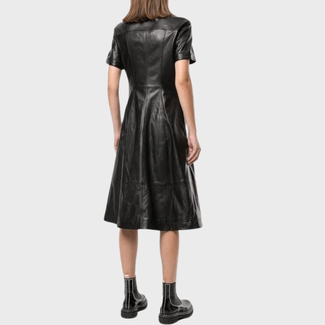 Womens Black Soft Genuine Lambskin Leather Midi Dress