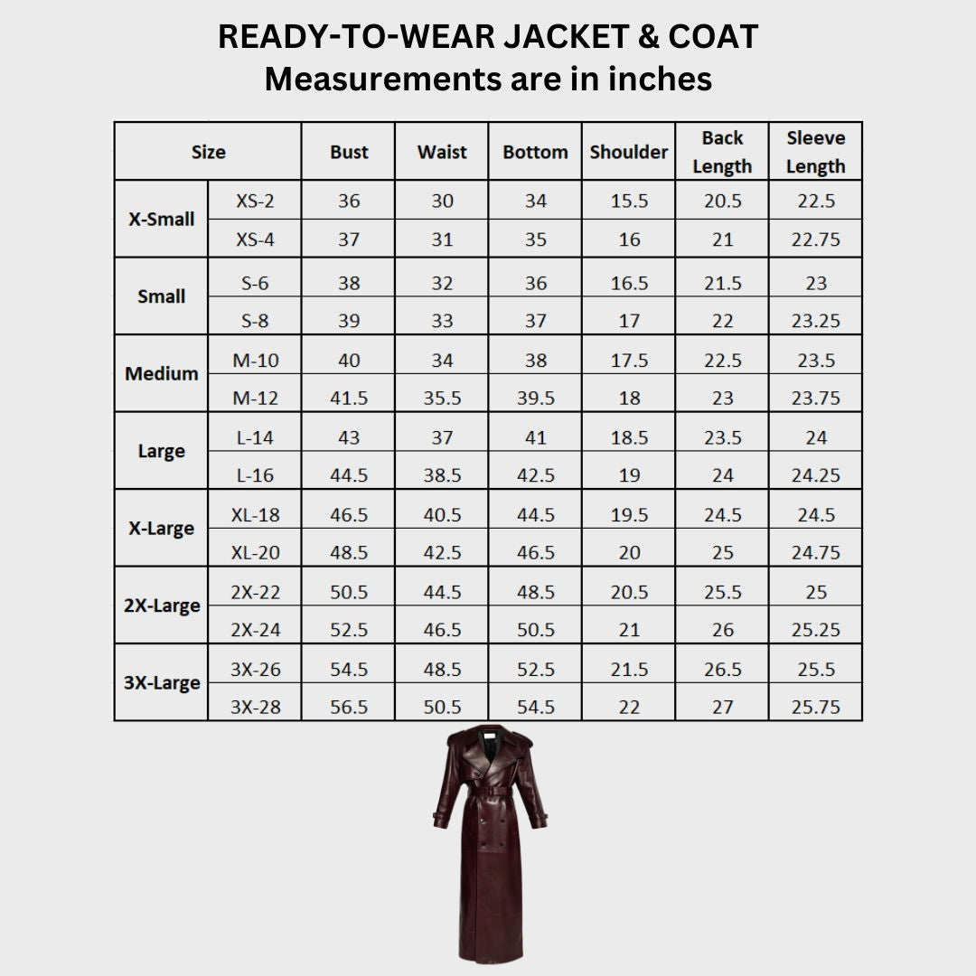 size chart of burgundy leather trench coat with belt