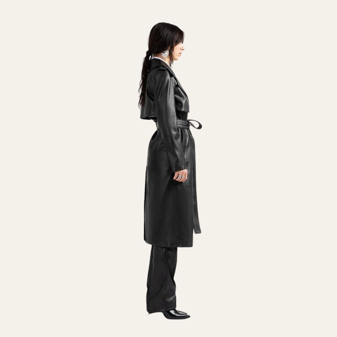 Beatrice Black Leather Trench Coat with Belt