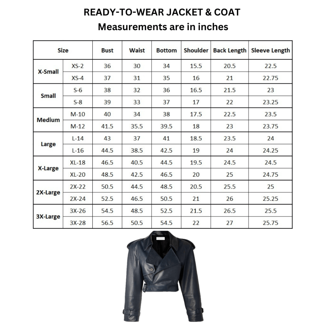 size chart for women's black leather biker jacket