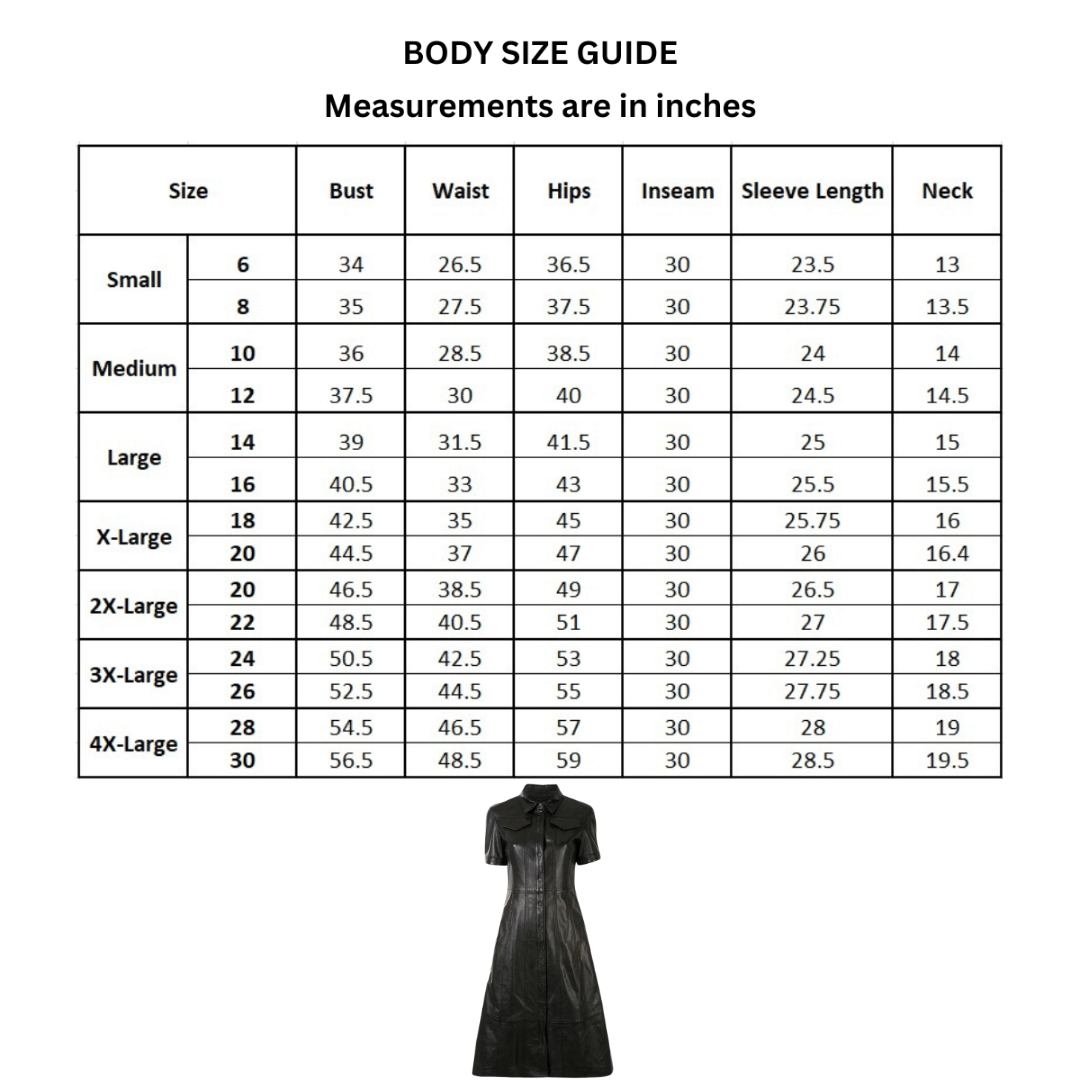 size chart for women's genuine lambskin leather midi dress