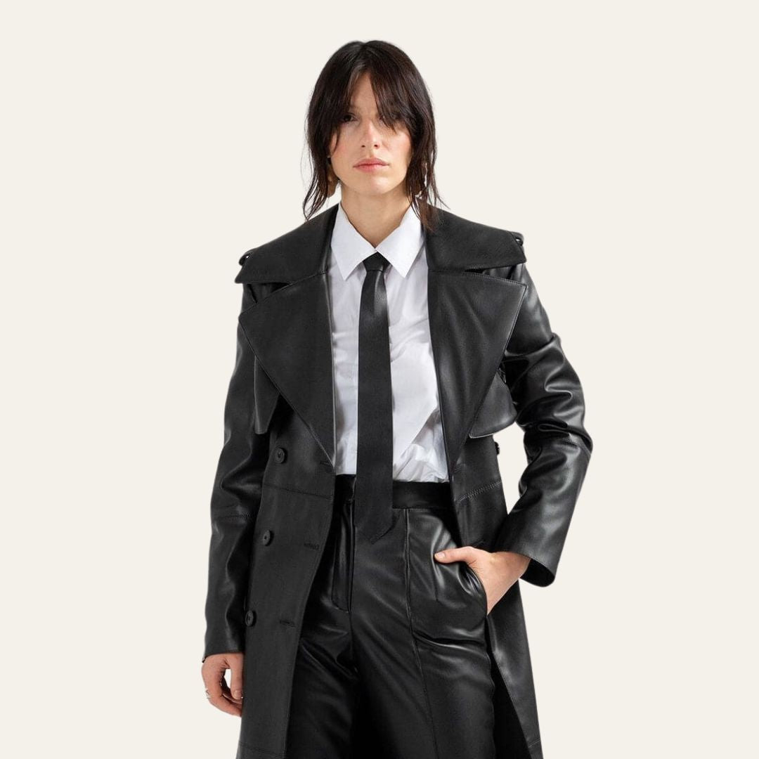 Beatrice Black Leather Trench Coat with Belt