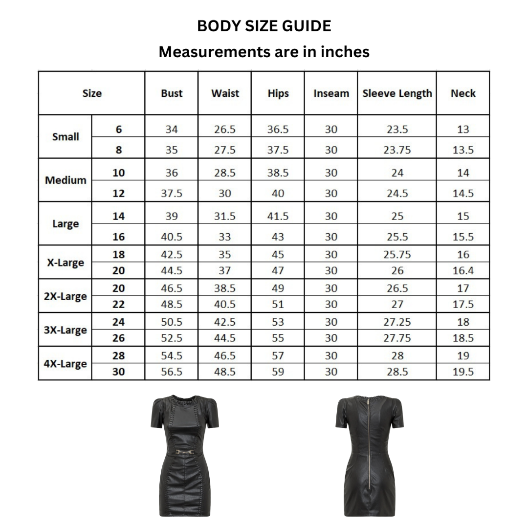 Size chart for black leather half sleeve leather dress