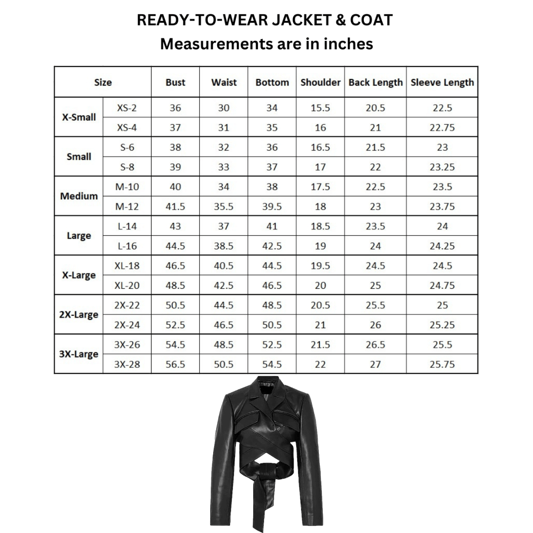 size chart for women cropped wrapped biker jacket