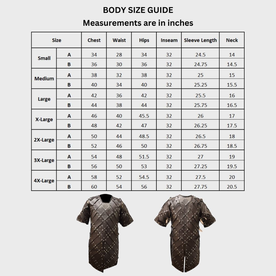 size chart of leather costume from game of thrones