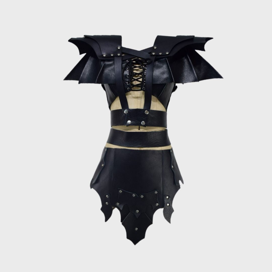 LARP costume in black leather with shoulder pauldrons for women