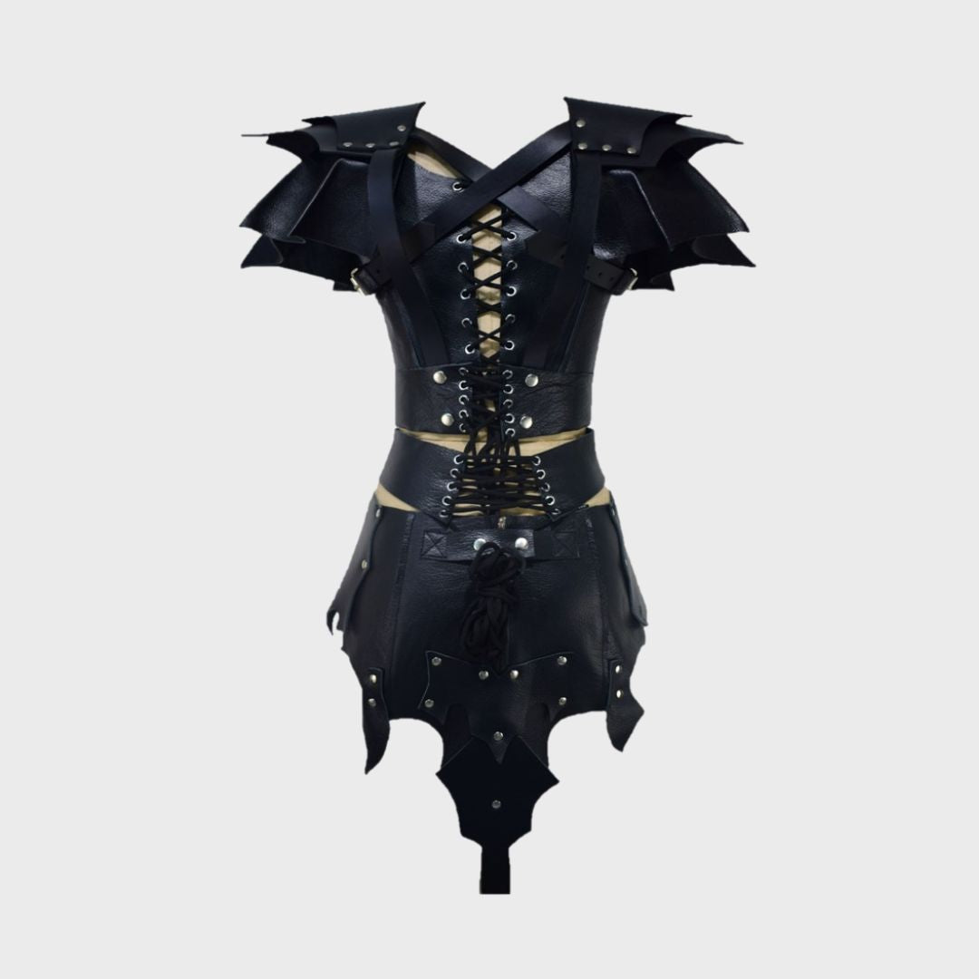 LARP medieval costume in black leather with shoulder pauldrons for women