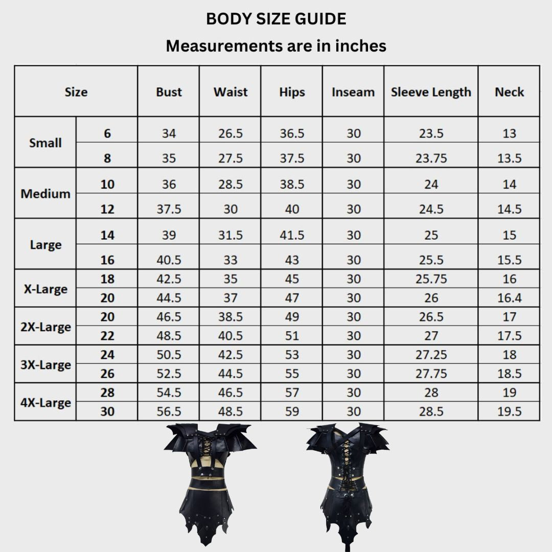 Size chart of black leather medieval costume armor for women