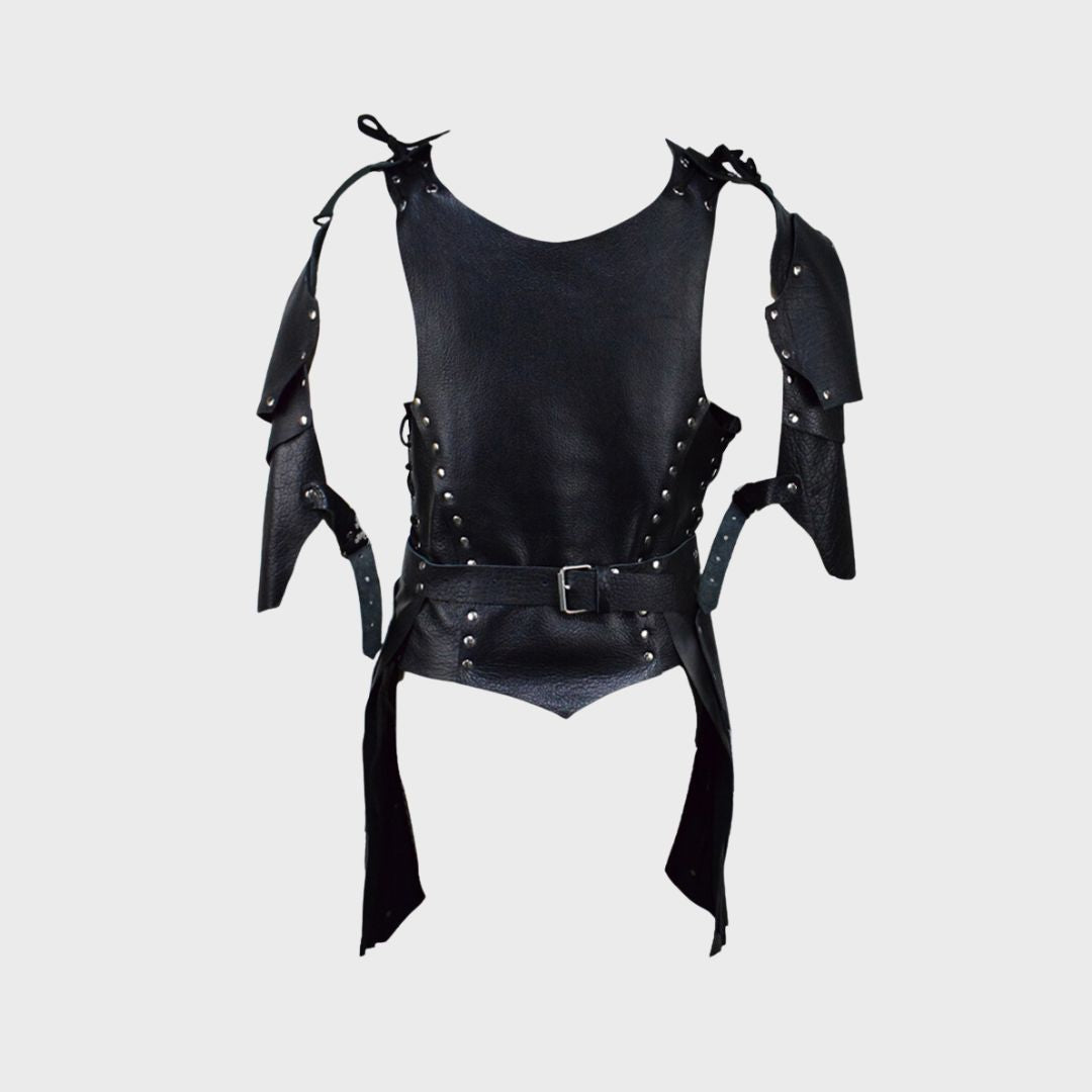 adjustable straps on black leather medieval costume armor for halloween