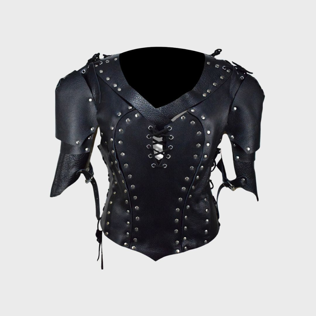 mens leather costume armor with silver metal studs embellishment