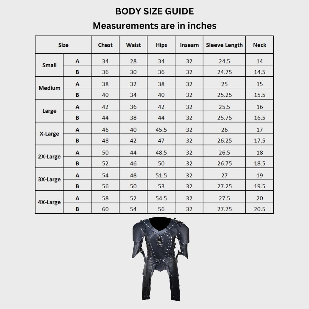 size chart of mens leather costume armor