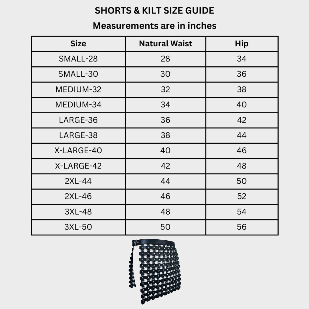 size chart of mens leather kilt from roman empire